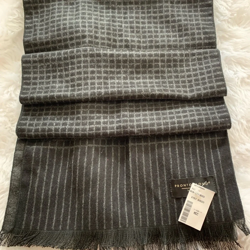 PRONTO  UOMO Mens black and gray 80% viscose so soft plaid fringe scarf …
